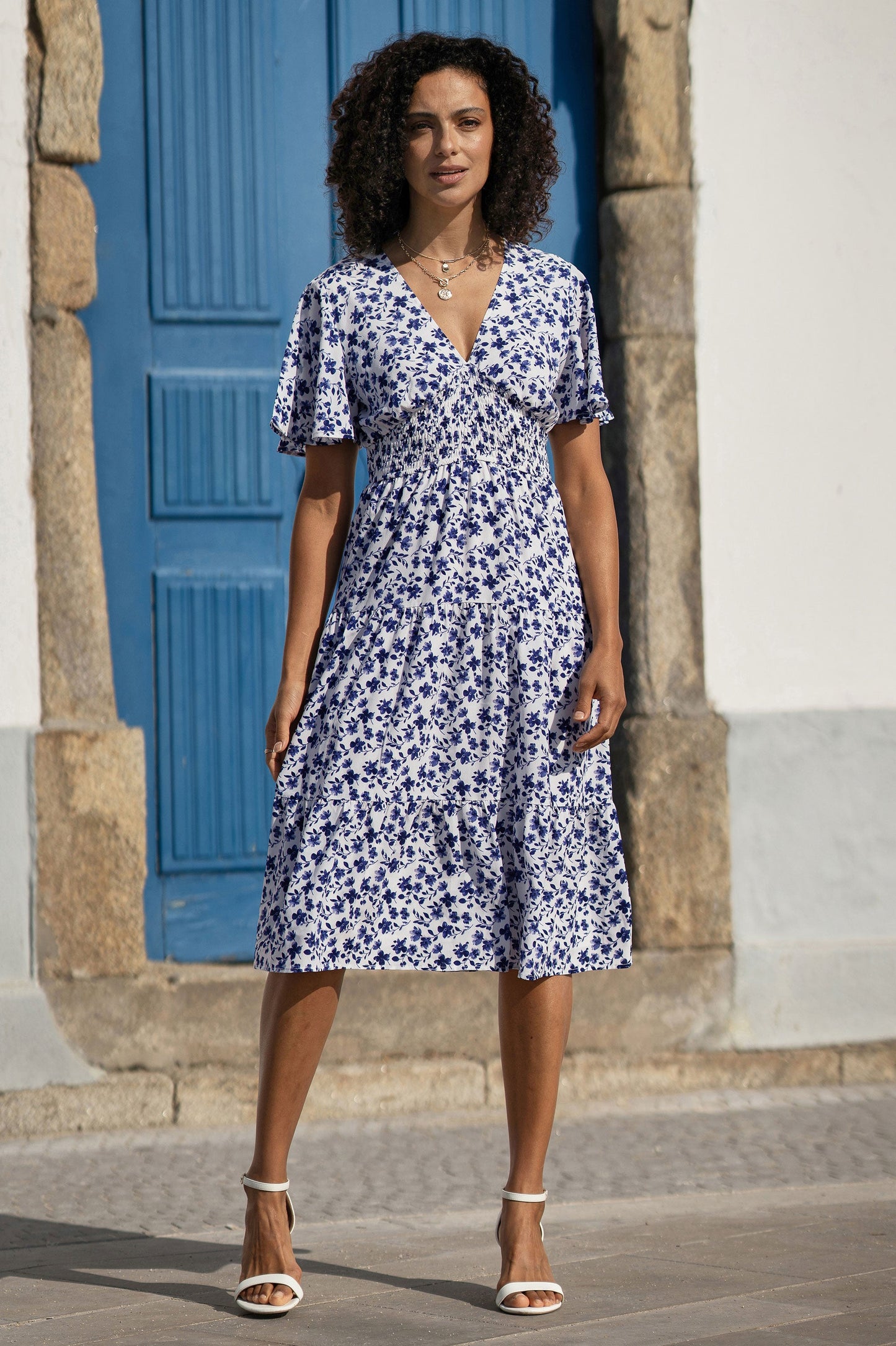 Yumi Blue Floral Ruched Waist Midi Dress With Angel Sleeves
