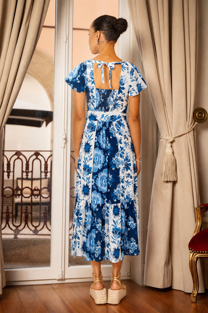 Yumi Blue Floral Viscose Midi Shirt Dress With Matching Belt