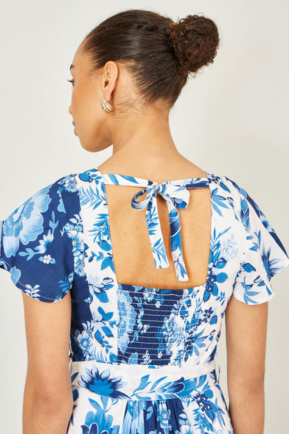 Yumi Blue Floral Viscose Midi Shirt Dress With Matching Belt