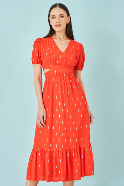 Yumi Orange Foil Print Viscose Cut Out Midi Dress