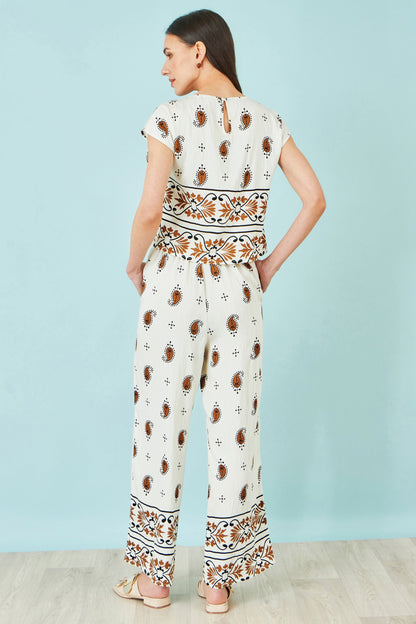 Yumi Ivory Viscose Paisley Wide Leg Trousers