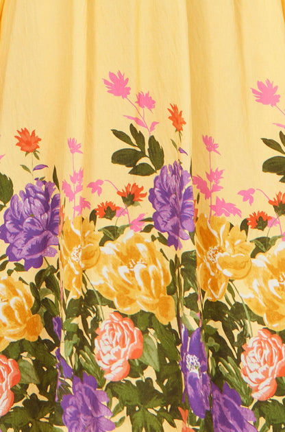 Yumi Butter Yellow Floral Mirror Print Viscose Midi Dress