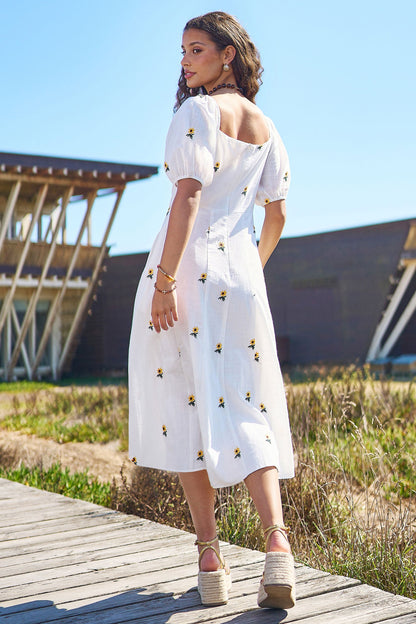 Yumi White Cotton Sunflower Embroidered Midi Dress