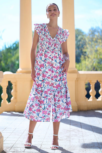 Yumi White Viscose Floral Ruched Waist Midi Dress