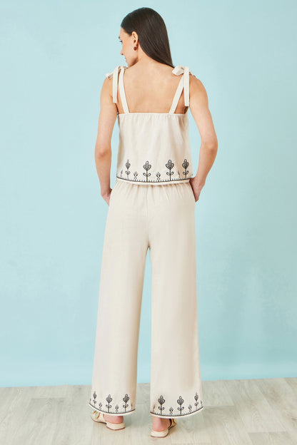 Yumi Ivory Linen Mix Embroirdered Trousers