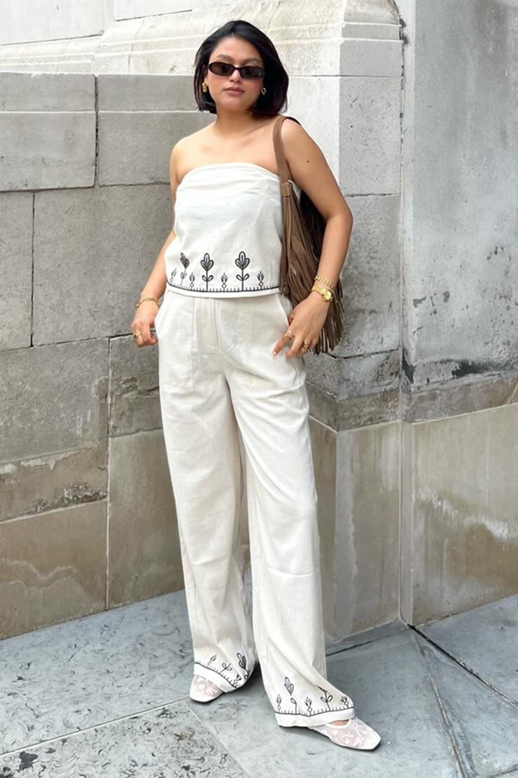 Yumi Ivory Linen Mix Embroirdered Trousers