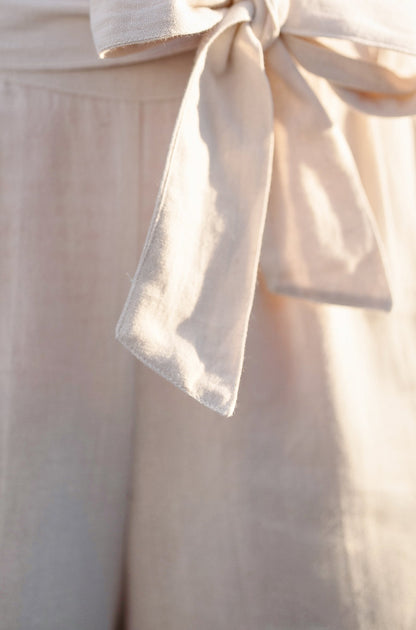 Yumi Natural Linen Mix Cropped Trousers With Tie Belt