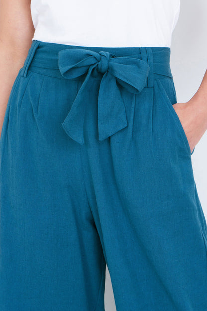 Yumi Teal Linen Mix Cropped Trousers With Tie Belt