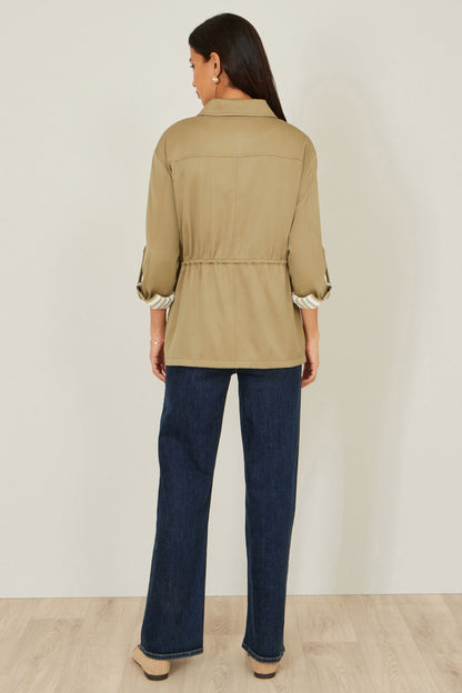 Yumi Green Utility Jacket With Drawstring Waist and Stripe Lining