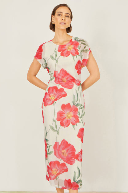 Yumi Ivory Poppy Print Midi Mesh Dress