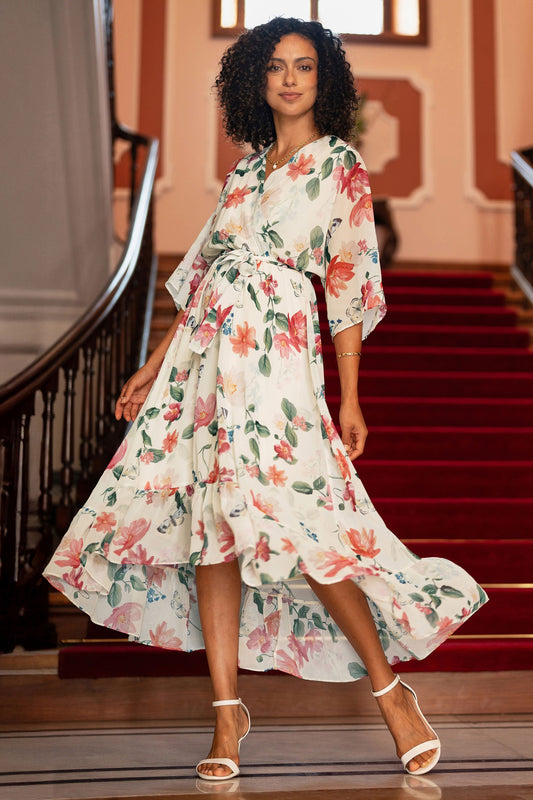 Yumi Ivory Floral Print Wrap Midi Dress With Dipped Hem