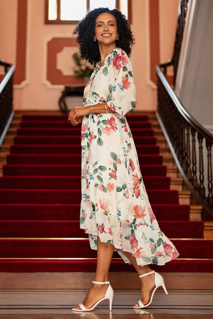 Yumi Ivory Floral Print Wrap Midi Dress With Dipped Hem