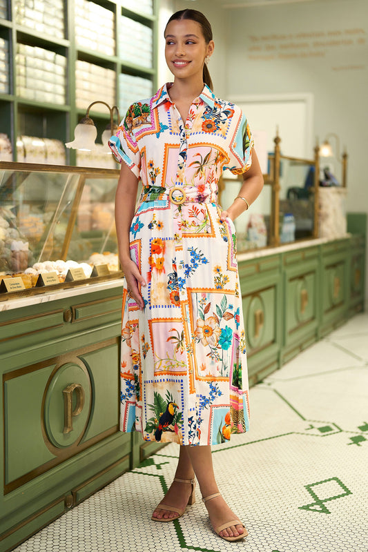 Yumi Ivory Tropical Postcard Print Relaxed Midi Shirt Dress