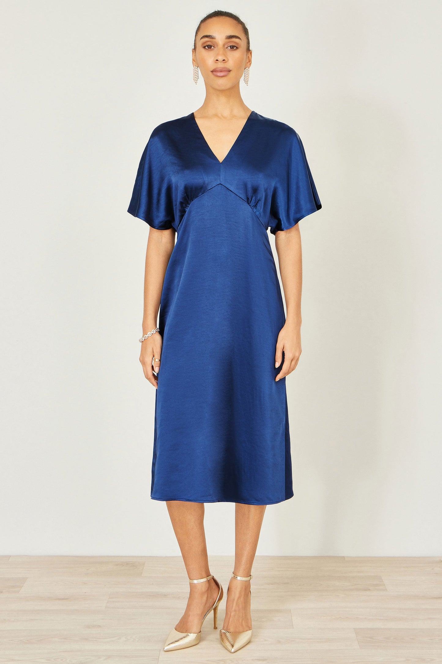 Yumi Navy Satin Midi Kimono Dress