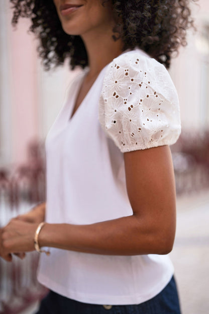 Yumi White Cotton Jersey T-Shirt With Lace Sleeves
