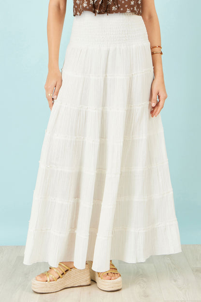 Yumi White Double Cotton Tiered Boho Maxi Skirt