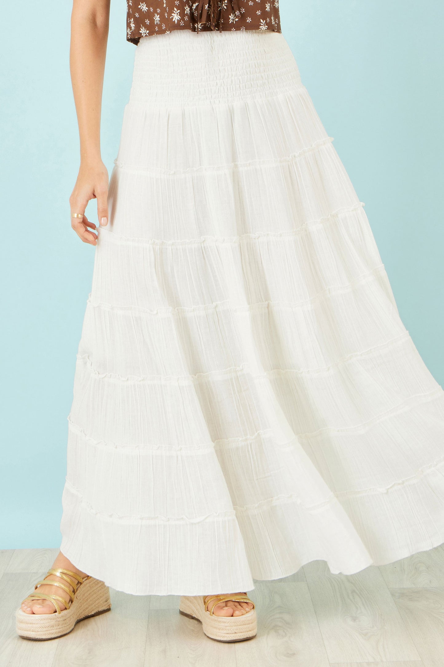 Yumi White Double Cotton Tiered Boho Maxi Skirt