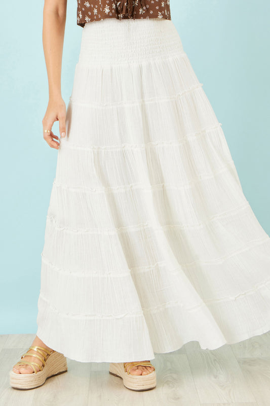 Yumi White Double Cotton Tiered Boho Maxi Skirt