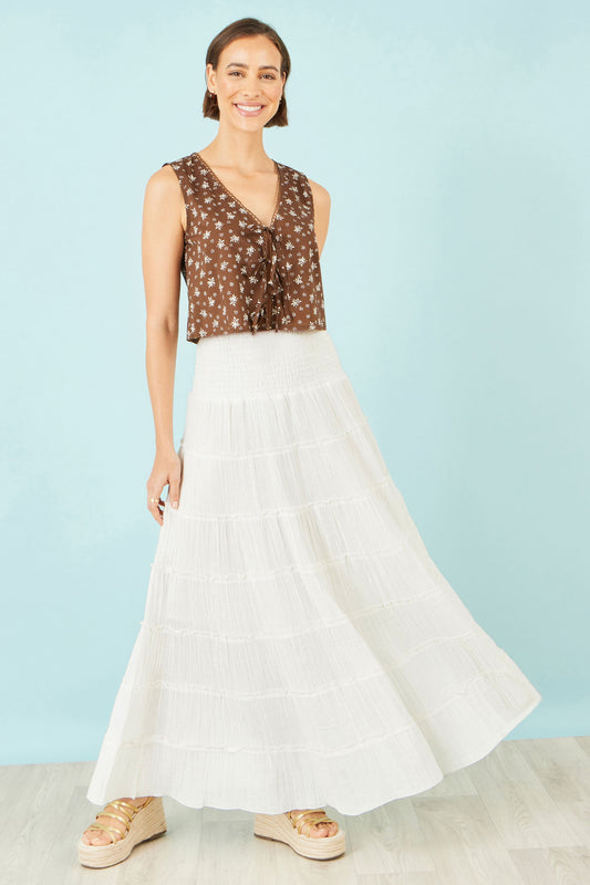 Yumi White Double Cotton Tiered Boho Maxi Skirt