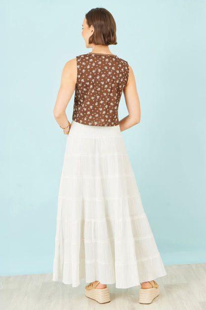 Yumi White Double Cotton Tiered Boho Maxi Skirt