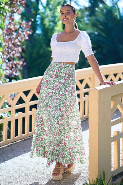 Yumi White Boho Print Cotton Floral Maxi Skirt
