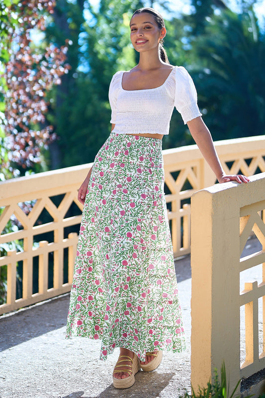 Yumi White Boho Print Cotton Floral Maxi Skirt