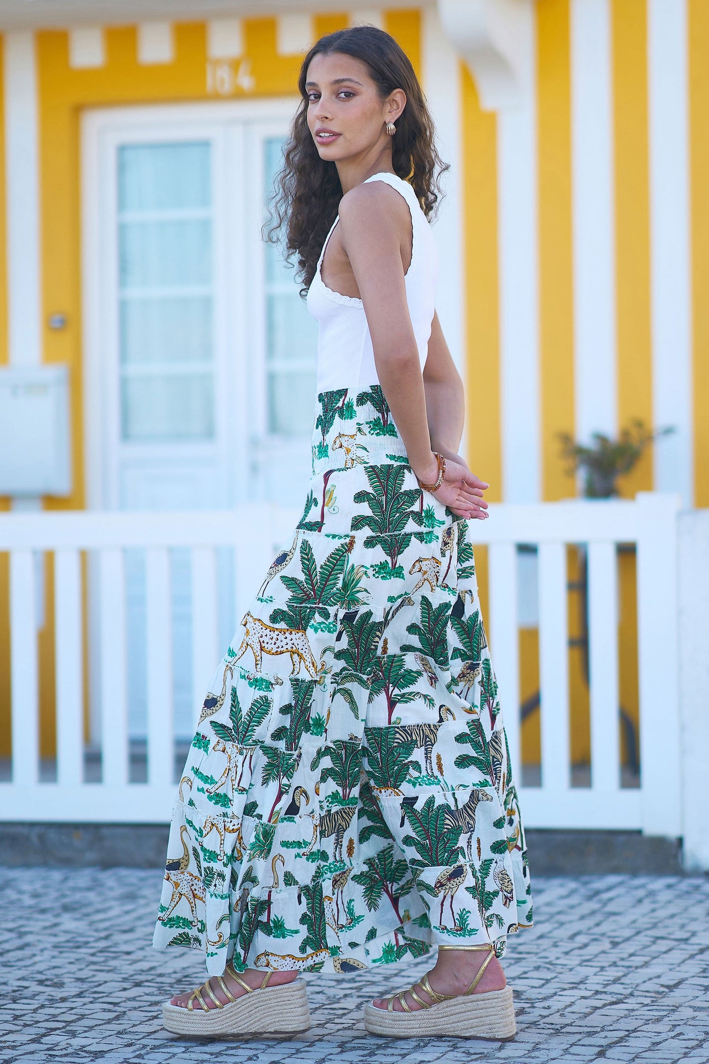 Yumi White Animal Print Cotton Tiered Maxi Skirt