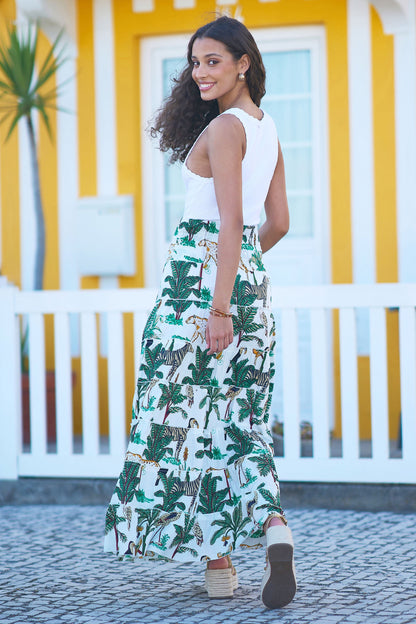 Yumi White Animal Print Cotton Tiered Maxi Skirt