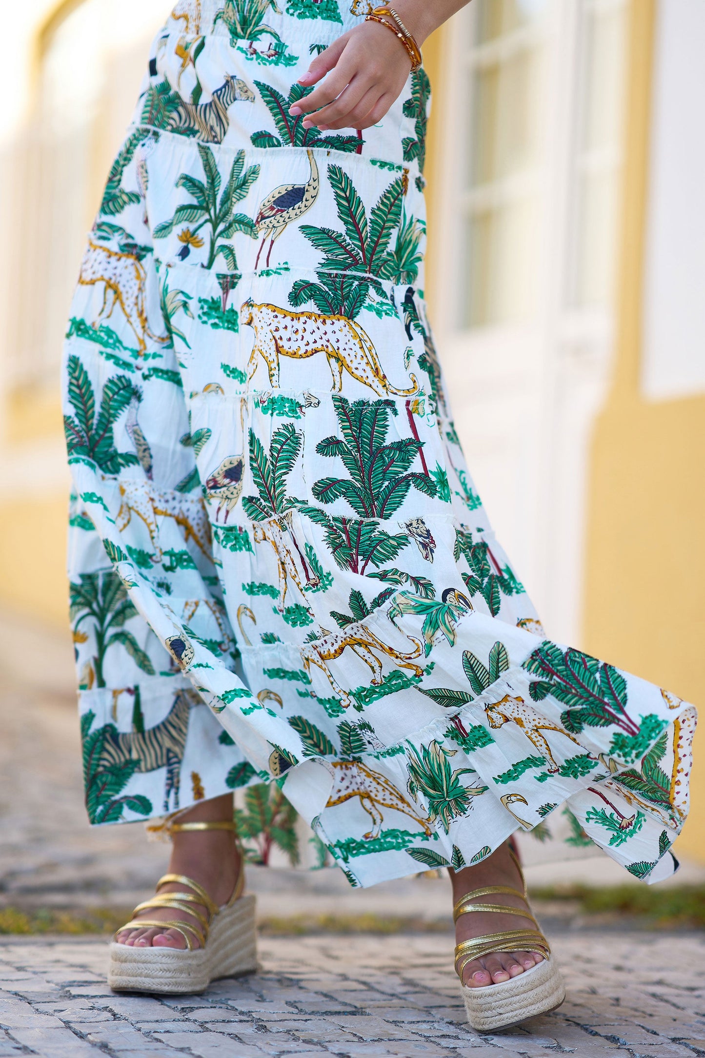 Yumi White Animal Print Cotton Tiered Maxi Skirt