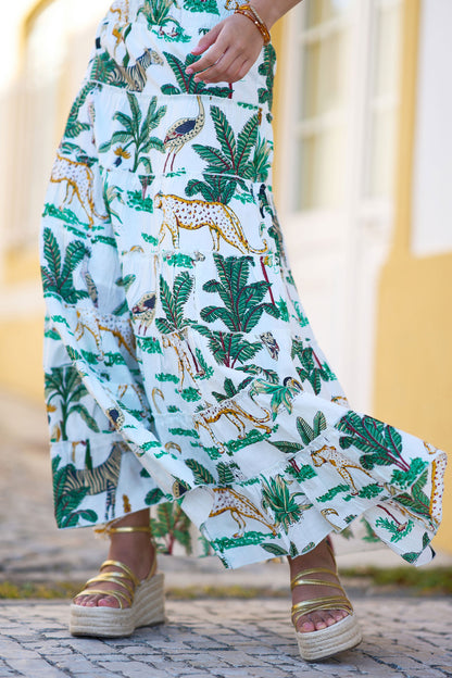 Yumi White Animal Print Cotton Tiered Maxi Skirt