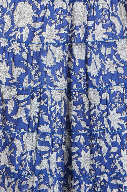 Yumi Blue Floral Cotton Tiered Maxi Skirt