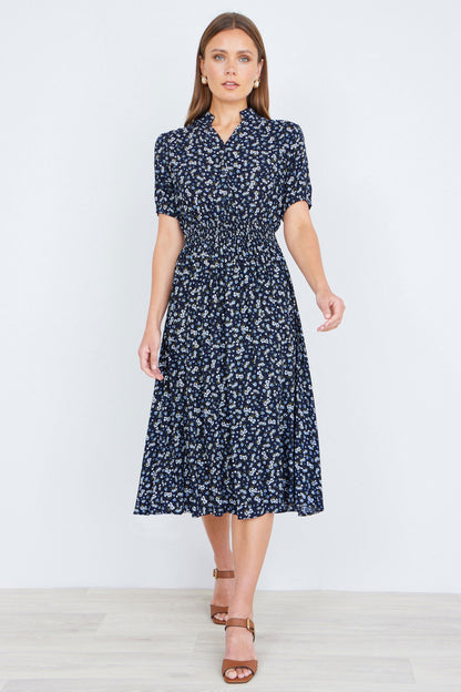 Yumi Navy Ditsy Floral Midi Shirt Dress With Ruched Waist