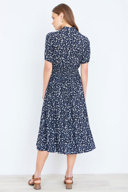 Yumi Navy Ditsy Floral Midi Shirt Dress With Ruched Waist