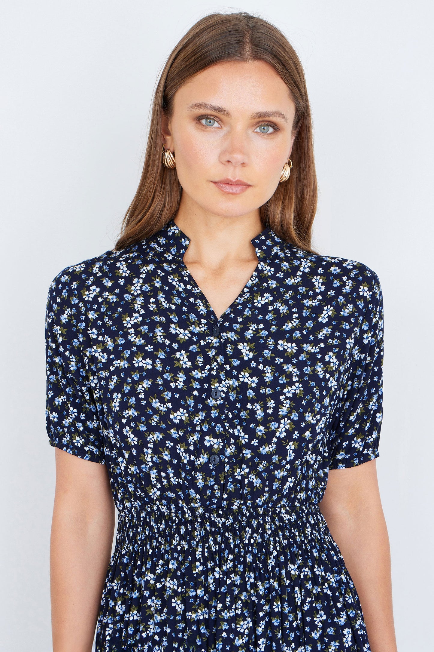Yumi Navy Ditsy Floral Midi Shirt Dress With Ruched Waist