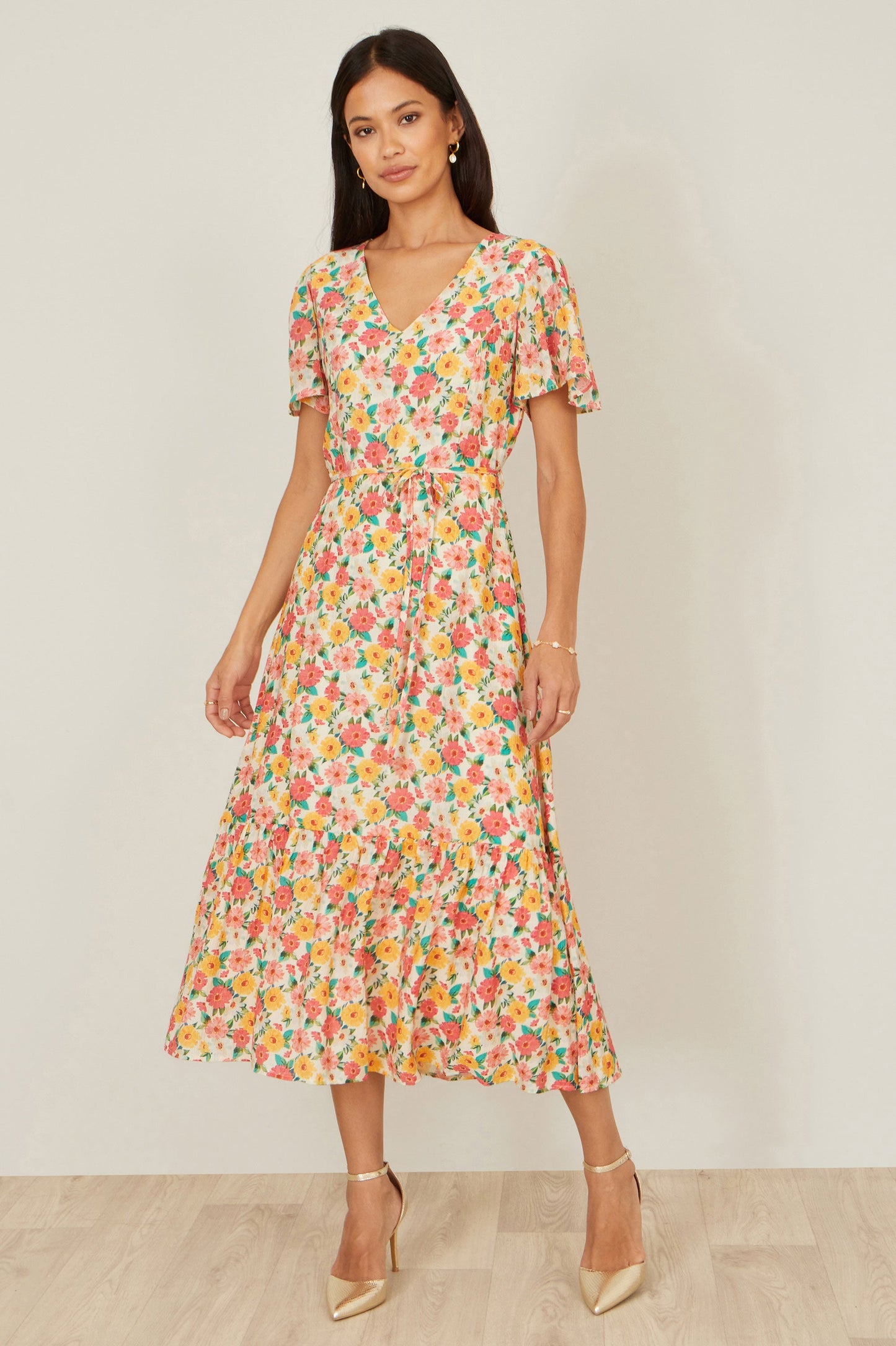Yumi Multicolour Midi Tea Dress With Angel Sleeves