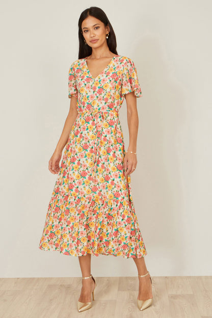 Yumi Multicolour Midi Tea Dress With Angel Sleeves