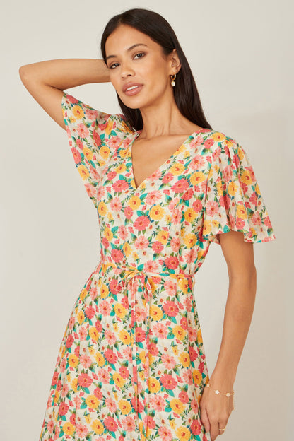 Yumi Multicolour Midi Tea Dress With Angel Sleeves