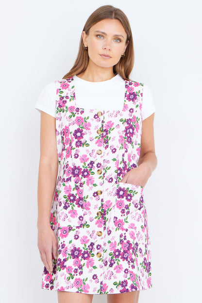 Yumi Pink Retro Floral Cotton Stretch Pinafore Dress