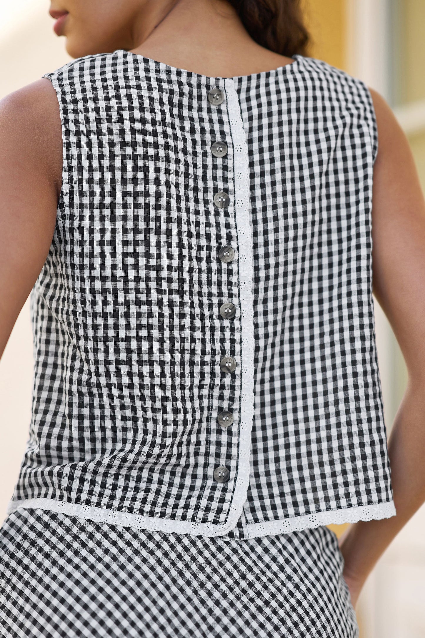 Yumi Black Gingham Cotton Top With Lace Trims