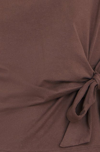 Yumi Brown Cotton Jersey Top With Knot Detail