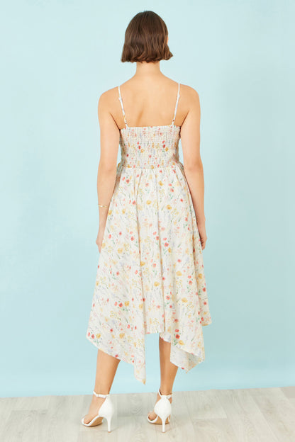 Yumi White Botanical Embroidery Fabric Handkerchief Hem Dress