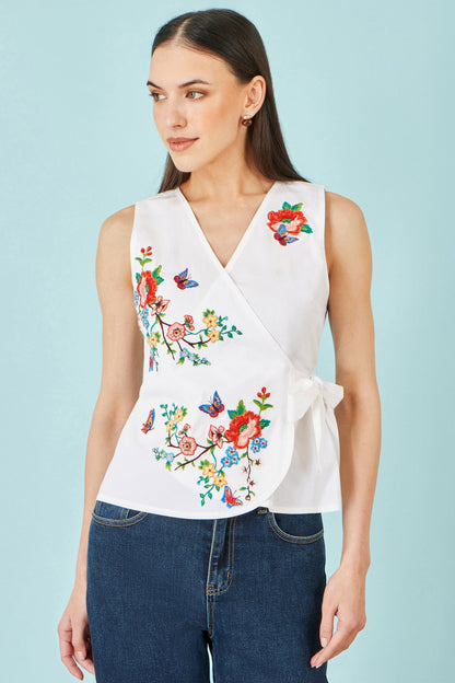 Yumi White Stretch Cotton Embroidered Wrap Top