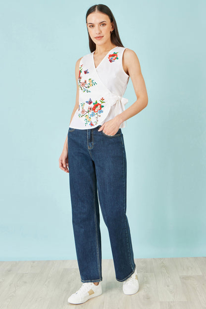 Yumi White Stretch Cotton Embroidered Wrap Top