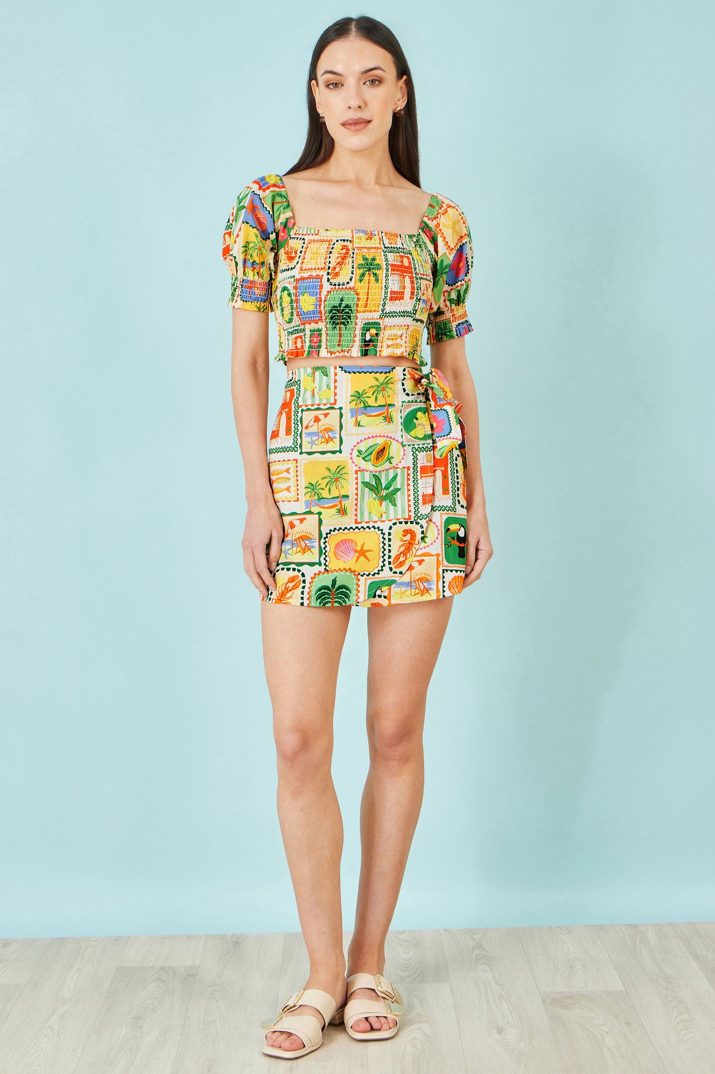 Yumi Multicolour Postcard Print Cotton Wrap Skirt