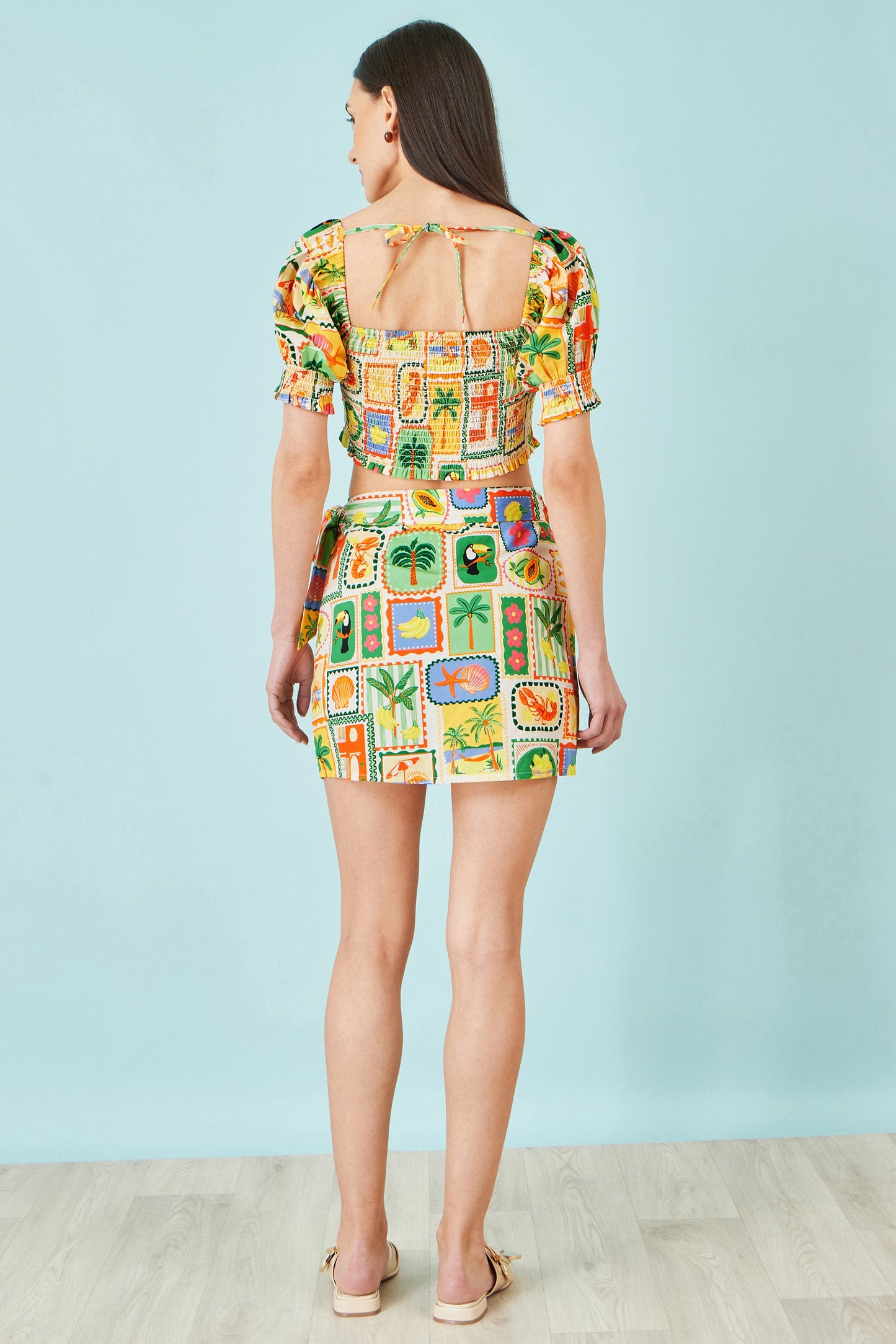 Yumi Multicolour Postcard Print Cotton Wrap Skirt
