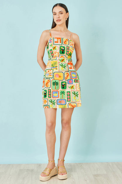 Yumi Multicolour Postcard Print Mini Sun Dress