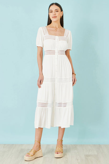Yumi White Cotton Square Neckline Lace Midi Dress
