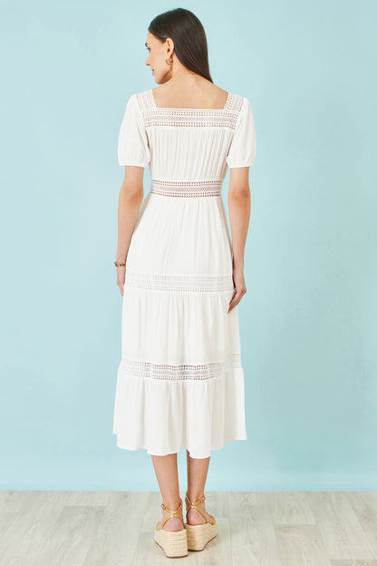Yumi White Cotton Square Neckline Lace Midi Dress