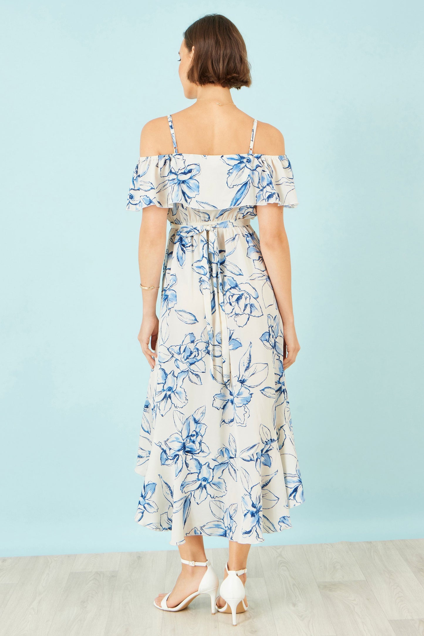 Yumi Ivory Floral Print Bardot Midi Dress With Dip Hem