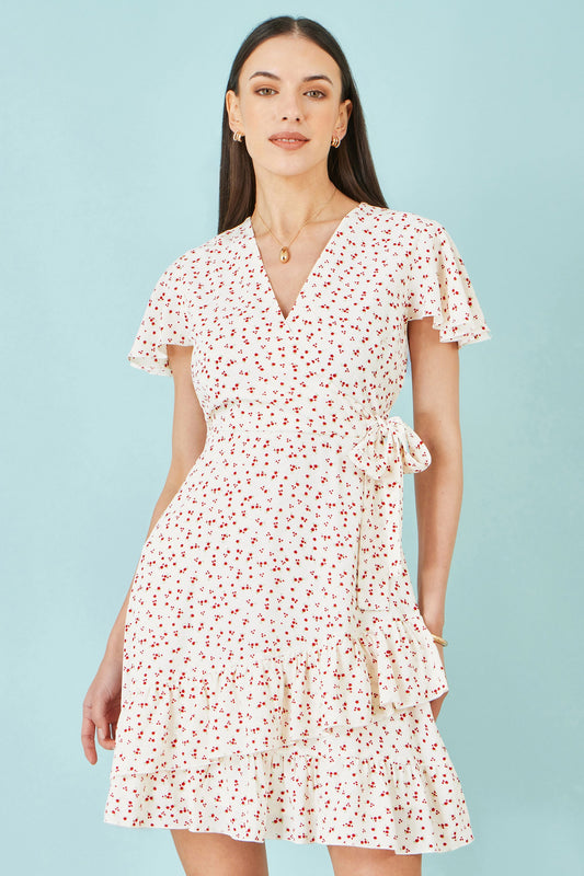 Women’s Yumi White Ditsy Print Frill Wrap Dress